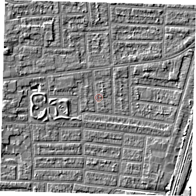 Shaded relief map of the ground around N179UU, computed from Environment Agency LiDAR. The ground here sits at about 9 m above sea level and falls 8 m across the surrounding 800 m. Surface water reaching this point runs off ground lying to the west, 3.0 m higher.
