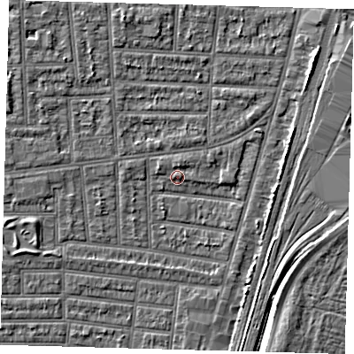 Shaded relief map of the ground around N179UW, computed from Environment Agency LiDAR. The ground here sits at about 10 m above sea level and falls 5 m across the surrounding 800 m. Surface water reaching this point runs off ground lying to the north-north-west, 3.1 m higher.