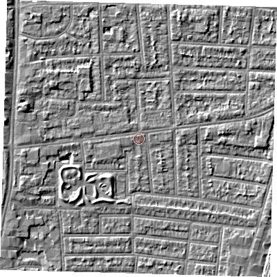 Shaded relief map of the ground around N179UX, computed from Environment Agency LiDAR. The ground here sits at about 10 m above sea level and falls 4 m across the surrounding 800 m. Surface water reaching this point runs off ground lying to the west, 0.8 m higher.