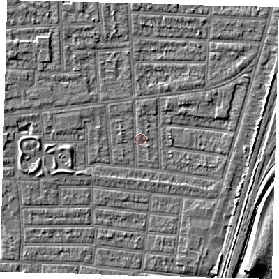 Shaded relief map of the ground around N179UY, computed from Environment Agency LiDAR. The ground here sits at about 9 m above sea level and falls 9 m across the surrounding 800 m. Surface water reaching this point runs off ground lying to the west, 2.8 m higher.