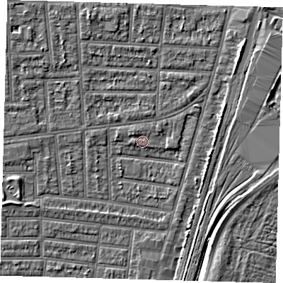 Shaded relief map of the ground around N179UZ, computed from Environment Agency LiDAR. The ground here sits at about 9 m above sea level and falls 5 m across the surrounding 800 m. Surface water reaching this point runs off ground lying to the north-north-west, 3.1 m higher.