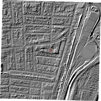 Shaded relief map of the ground around N179XB, computed from Environment Agency LiDAR. The ground here sits at about 9 m above sea level and falls 7 m across the surrounding 800 m. Surface water reaching this point runs off ground lying to the north-north-west, 3.2 m higher.