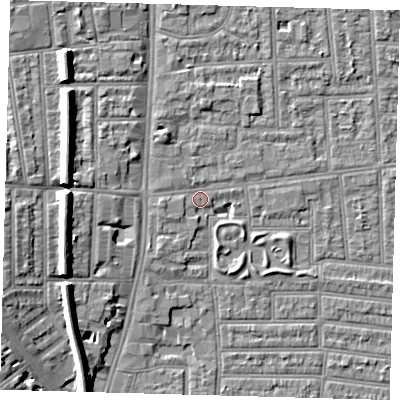 Shaded relief map of the ground around N179XE, computed from Environment Agency LiDAR. The ground here sits at about 10 m above sea level and falls 9 m across the surrounding 800 m. Surface water reaching this point runs off ground lying to the west-north-west, 7.5 m higher.
