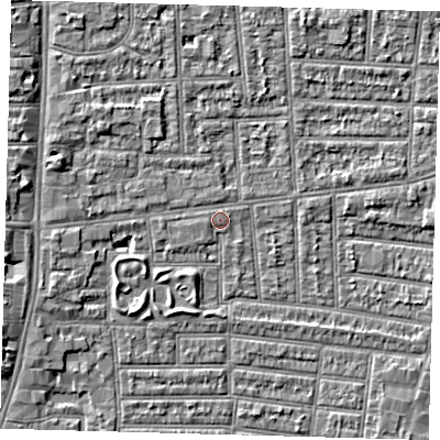 Shaded relief map of the ground around N179XG, computed from Environment Agency LiDAR. The ground here sits at about 10 m above sea level and falls 4 m across the surrounding 800 m. Surface water reaching this point runs off ground lying to the west, 1.0 m higher.