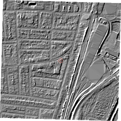 Shaded relief map of the ground around N179XJ, computed from Environment Agency LiDAR. The ground here sits at about 10 m above sea level and falls 7 m across the surrounding 800 m. Surface water reaching this point runs off ground lying to the south-south-west, 1.3 m higher.