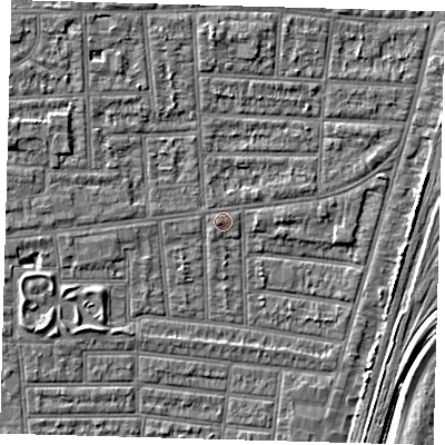 Shaded relief map of the ground around N179XL, computed from Environment Agency LiDAR. The ground here sits at about 10 m above sea level and falls 5 m across the surrounding 800 m. Surface water reaching this point runs off ground lying to the north, 2.5 m higher.