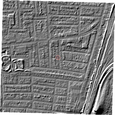 Shaded relief map of the ground around N179XN, computed from Environment Agency LiDAR. The ground here sits at about 9 m above sea level and falls 9 m across the surrounding 800 m. Surface water reaching this point runs off ground lying to the west, 2.8 m higher.