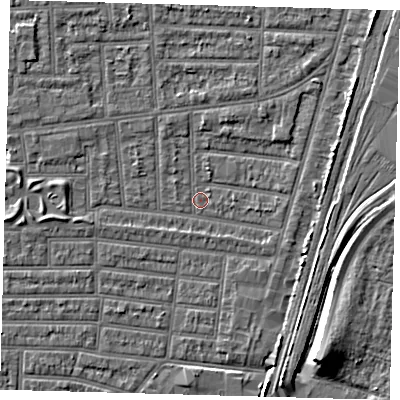Shaded relief map of the ground around N179XP, computed from Environment Agency LiDAR. The ground here sits at about 9 m above sea level and falls 9 m across the surrounding 800 m. Surface water reaching this point runs off ground lying to the east, 1.9 m higher.