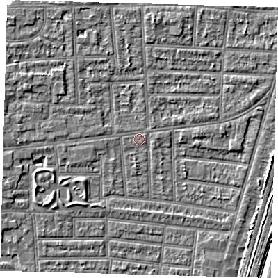 Shaded relief map of the ground around N179XQ, computed from Environment Agency LiDAR. The ground here sits at about 10 m above sea level and falls 7 m across the surrounding 800 m. Surface water reaching this point runs off ground lying to the west-south-west, 2.7 m higher.