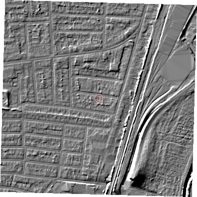Shaded relief map of the ground around N179XR, computed from Environment Agency LiDAR. The ground here sits at about 9 m above sea level and falls 10 m across the surrounding 800 m. Surface water reaching this point runs off ground lying to the east, 2.3 m higher.