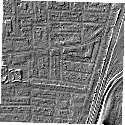 Shaded relief map of the ground around N179XS, computed from Environment Agency LiDAR. The ground here sits at about 9 m above sea level and falls 8 m across the surrounding 800 m. Surface water reaching this point runs off ground lying to the west, 2.4 m higher.