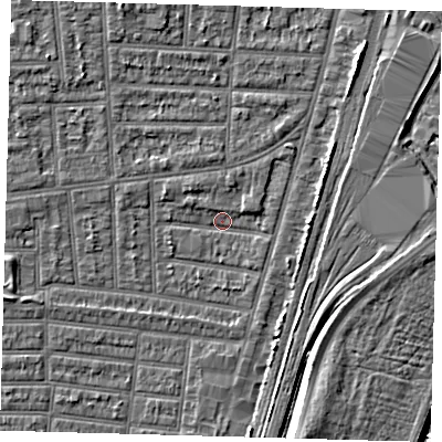 Shaded relief map of the ground around N179XT, computed from Environment Agency LiDAR. The ground here sits at about 9 m above sea level and falls 8 m across the surrounding 800 m. Surface water reaching this point runs off ground lying to the north-north-west, 3.2 m higher.