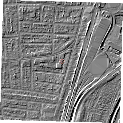Shaded relief map of the ground around N179XU, computed from Environment Agency LiDAR. The ground here sits at about 10 m above sea level and falls 6 m across the surrounding 800 m. Surface water reaching this point runs off ground lying to the south-south-west, 1.3 m higher.