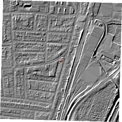 Shaded relief map of the ground around N179XW, computed from Environment Agency LiDAR. The ground here sits at about 10 m above sea level and falls 7 m across the surrounding 800 m. Surface water reaching this point runs off ground lying to the north-east, 2.9 m higher.
