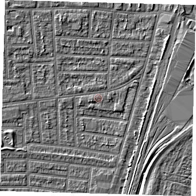 Shaded relief map of the ground around N179XX, computed from Environment Agency LiDAR. The ground here sits at about 10 m above sea level and falls 5 m across the surrounding 800 m. Surface water reaching this point runs off ground lying to the west-south-west, 1.2 m higher.