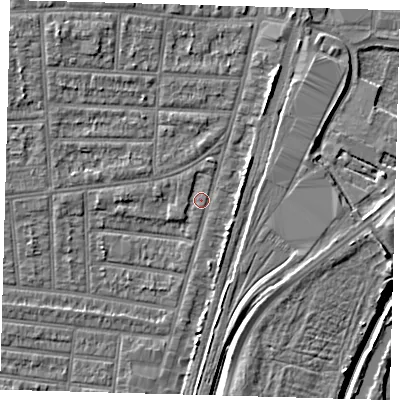 Shaded relief map of the ground around N179XY, computed from Environment Agency LiDAR. The ground here sits at about 9 m above sea level and falls 7 m across the surrounding 800 m. Surface water reaching this point runs off ground lying to the north-north-east, 2.9 m higher.