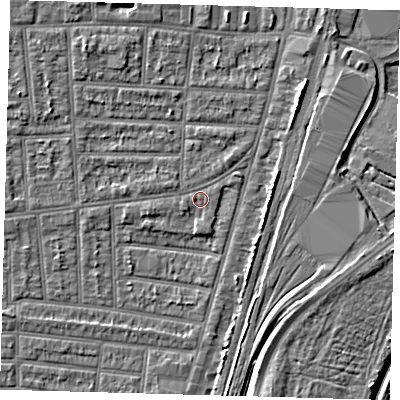 Shaded relief map of the ground around N179XZ, computed from Environment Agency LiDAR. The ground here sits at about 10 m above sea level and falls 6 m across the surrounding 800 m. Surface water reaching this point runs off ground lying to the west-south-west, 1.2 m higher.