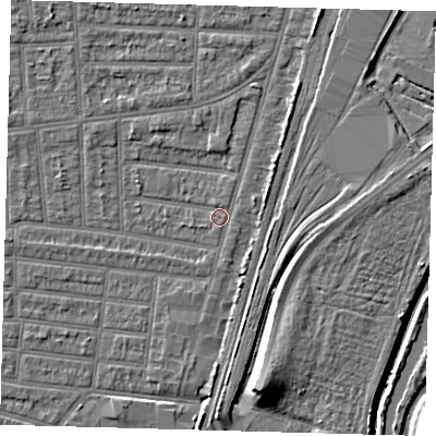 Shaded relief map of the ground around N179YA, computed from Environment Agency LiDAR. The ground here sits at about 9 m above sea level and falls 10 m across the surrounding 800 m. Surface water reaching this point runs off ground lying to the east-north-east, 1.3 m higher.