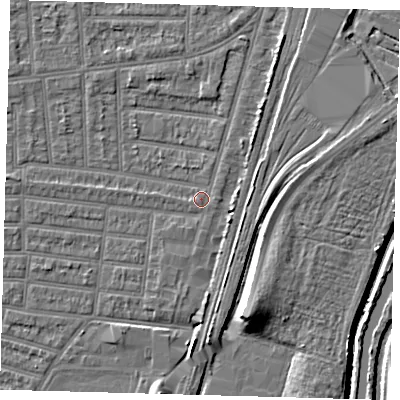 Shaded relief map of the ground around N179YB, computed from Environment Agency LiDAR. The ground here sits at about 10 m above sea level and falls 10 m across the surrounding 800 m. Surface water reaching this point runs off ground lying to the north-east, 1.8 m higher.