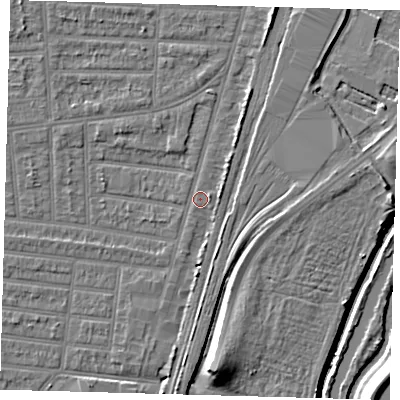 Shaded relief map of the ground around N179YD, computed from Environment Agency LiDAR. The ground here sits at about 10 m above sea level and falls 10 m across the surrounding 800 m. Surface water reaching this point runs off ground lying to the east-north-east, 1.5 m higher.