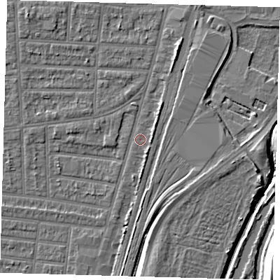 Shaded relief map of the ground around N179YE, computed from Environment Agency LiDAR. The ground here sits at about 9 m above sea level and falls 10 m across the surrounding 800 m. Surface water reaching this point runs off ground lying to the north-north-east, 2.9 m higher.