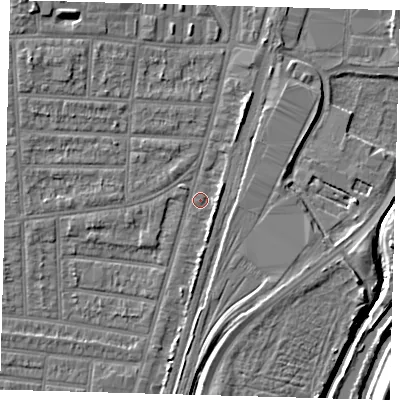 Shaded relief map of the ground around N179YG, computed from Environment Agency LiDAR. The ground here sits at about 9 m above sea level and falls 10 m across the surrounding 800 m. Surface water reaching this point runs off ground lying to the north-north-east, 2.9 m higher.