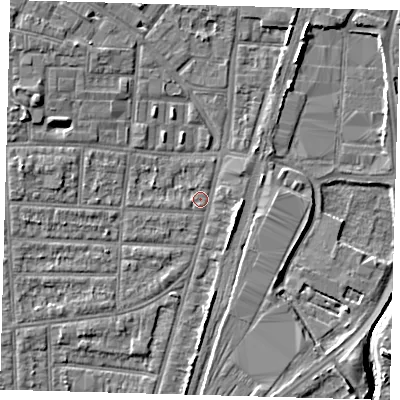 Shaded relief map of the ground around N179YH, computed from Environment Agency LiDAR. The ground here sits at about 9 m above sea level and falls 7 m across the surrounding 800 m. Surface water reaching this point runs off ground lying to the west-north-west, 3.7 m higher.