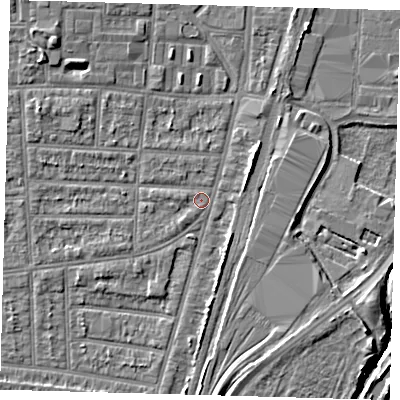 Shaded relief map of the ground around N179YJ, computed from Environment Agency LiDAR. The ground here sits at about 9 m above sea level and falls 7 m across the surrounding 800 m. Surface water reaching this point runs off ground lying to the south-west, 1.1 m higher.