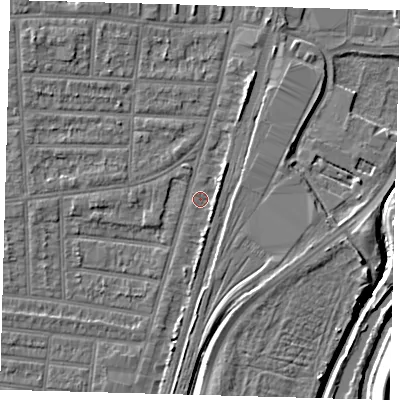 Shaded relief map of the ground around N179YL, computed from Environment Agency LiDAR. The ground here sits at about 9 m above sea level and falls 10 m across the surrounding 800 m. Surface water reaching this point runs off ground lying to the north-north-east, 2.9 m higher.