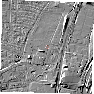 Shaded relief map of the ground around N179ZS, computed from Environment Agency LiDAR. The ground here sits at about 9 m above sea level and falls 8 m across the surrounding 800 m. Surface water reaching this point runs off ground lying to the west-south-west, 4.5 m higher.