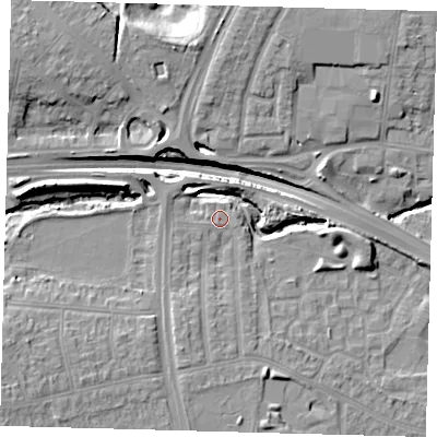 Shaded relief map of the ground around N181BH, computed from Environment Agency LiDAR. The ground here sits at about 19 m above sea level and falls 16 m across the surrounding 800 m. Surface water reaching this point runs off ground lying to the south-south-west, 3.4 m higher.