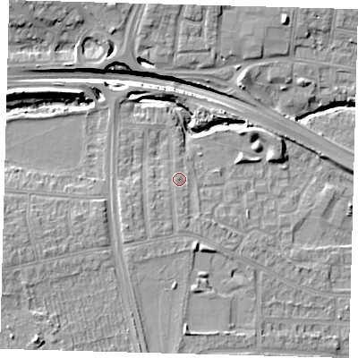 Shaded relief map of the ground around N181BJ, computed from Environment Agency LiDAR. The ground here sits at about 20 m above sea level and falls 17 m across the surrounding 800 m. Surface water reaching this point runs off ground lying to the south-south-west, 1.8 m higher.