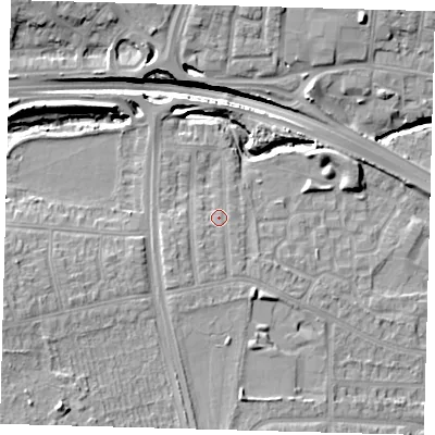 Shaded relief map of the ground around N181BL, computed from Environment Agency LiDAR. The ground here sits at about 20 m above sea level and falls 18 m across the surrounding 800 m. Surface water reaching this point runs off ground lying to the south-south-west, 1.7 m higher.