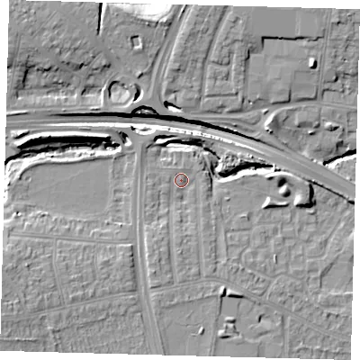 Shaded relief map of the ground around N181BN, computed from Environment Agency LiDAR. The ground here sits at about 19 m above sea level and falls 17 m across the surrounding 800 m. Surface water reaching this point runs off ground lying to the south-south-west, 3.4 m higher.