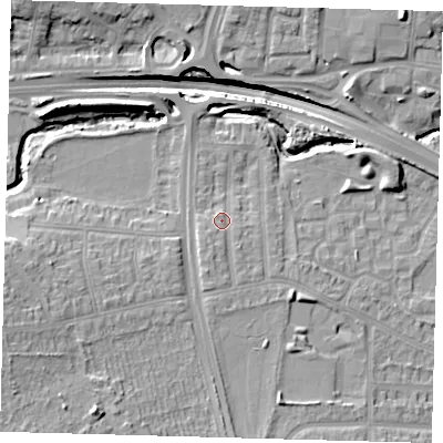 Shaded relief map of the ground around N181BP, computed from Environment Agency LiDAR. The ground here sits at about 20 m above sea level and falls 19 m across the surrounding 800 m. Surface water reaching this point runs off ground lying to the south-south-west, 2.3 m higher.