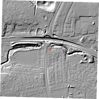 Shaded relief map of the ground around N181BQ, computed from Environment Agency LiDAR. The ground here sits at about 19 m above sea level and falls 18 m across the surrounding 800 m. Surface water reaching this point runs off ground lying to the south, 2.4 m higher.
