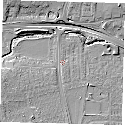 Shaded relief map of the ground around N181BS, computed from Environment Agency LiDAR. The ground here sits at about 21 m above sea level and falls 20 m across the surrounding 800 m. Surface water reaching this point runs off ground lying to the south, 2.6 m higher.