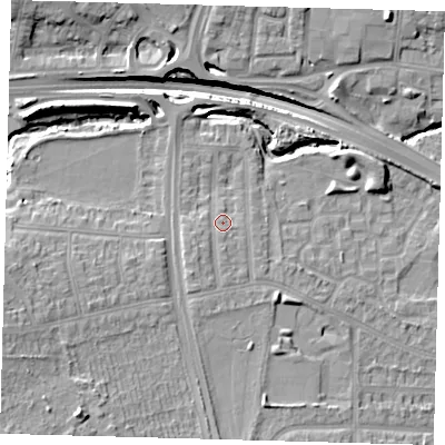 Shaded relief map of the ground around N181BW, computed from Environment Agency LiDAR. The ground here sits at about 20 m above sea level and falls 19 m across the surrounding 800 m. Surface water reaching this point runs off ground lying to the south-south-west, 2.1 m higher.