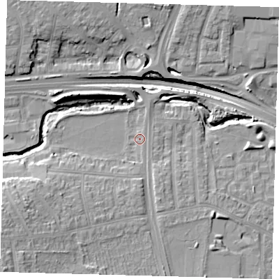 Shaded relief map of the ground around N181HX, computed from Environment Agency LiDAR. The ground here sits at about 19 m above sea level and falls 21 m across the surrounding 800 m. Surface water reaching this point runs off ground lying to the south-west, 12.1 m higher.