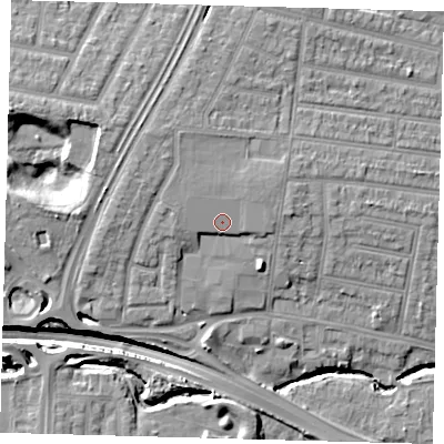 Shaded relief map of the ground around N181NB, computed from Environment Agency LiDAR. The ground here sits at about 22 m above sea level and falls 14 m across the surrounding 800 m. Surface water reaching this point runs off ground lying to the north-north-west, 0.7 m higher.