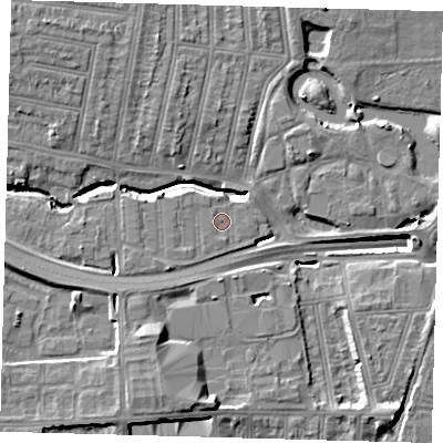 Shaded relief map of the ground around N181PB, computed from Environment Agency LiDAR. The ground here sits at about 16 m above sea level and falls 15 m across the surrounding 800 m. Surface water reaching this point runs off ground lying to the north, 0.9 m higher.