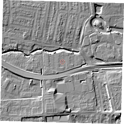 Shaded relief map of the ground around N181PD, computed from Environment Agency LiDAR. The ground here sits at about 16 m above sea level and falls 16 m across the surrounding 800 m. Surface water reaching this point runs off ground lying to the north-west, 0.6 m higher.