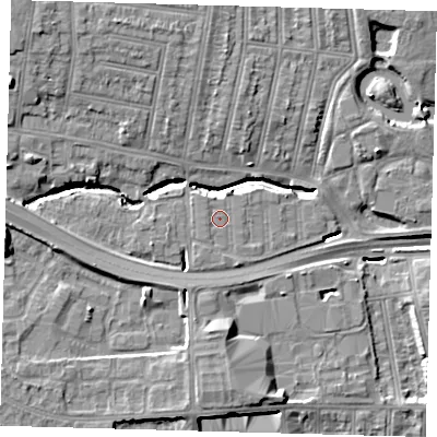 Shaded relief map of the ground around N181PE, computed from Environment Agency LiDAR. The ground here sits at about 16 m above sea level and falls 13 m across the surrounding 800 m. Surface water reaching this point runs off ground lying to the south-south-east, 0.9 m higher.