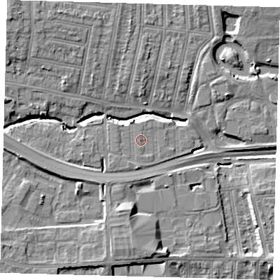 Shaded relief map of the ground around N181PF, computed from Environment Agency LiDAR. The ground here sits at about 16 m above sea level and falls 15 m across the surrounding 800 m. Surface water reaching this point runs off ground lying to the south-south-west, 0.5 m higher.