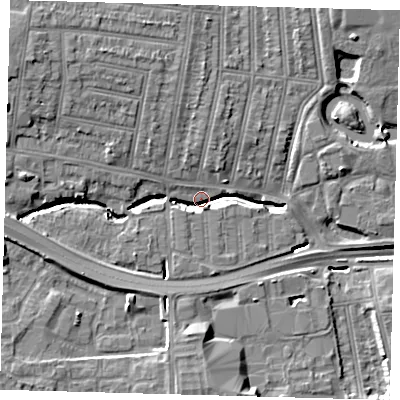 Shaded relief map of the ground around N181PG, computed from Environment Agency LiDAR. The ground here sits at about 16 m above sea level and falls 13 m across the surrounding 800 m. Surface water reaching this point runs off ground lying to the north-west, 10.3 m higher.