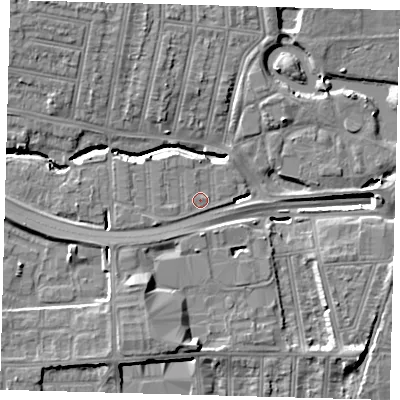 Shaded relief map of the ground around N181PH, computed from Environment Agency LiDAR. The ground here sits at about 16 m above sea level and falls 15 m across the surrounding 800 m. Surface water reaching this point runs off ground lying to the west-south-west, 1.1 m higher.