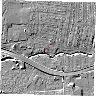 Shaded relief map of the ground around N181PJ, computed from Environment Agency LiDAR. The ground here sits at about 18 m above sea level and falls 11 m across the surrounding 800 m. The ground contributing surface water to this point lies to the north-west.