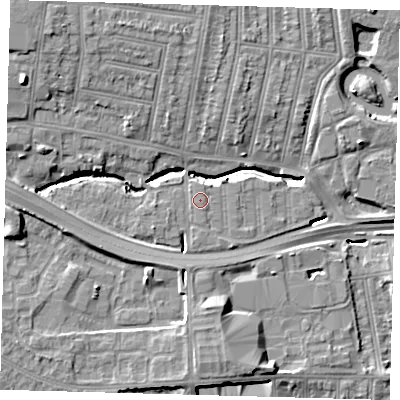Shaded relief map of the ground around N181PQ, computed from Environment Agency LiDAR. The ground here sits at about 17 m above sea level and falls 13 m across the surrounding 800 m. Surface water reaching this point runs off ground lying to the south-east, 0.6 m higher.