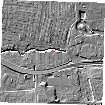 Shaded relief map of the ground around N181QR, computed from Environment Agency LiDAR. The ground here sits at about 16 m above sea level and falls 16 m across the surrounding 800 m. Surface water reaching this point runs off ground lying to the west, 4.6 m higher.