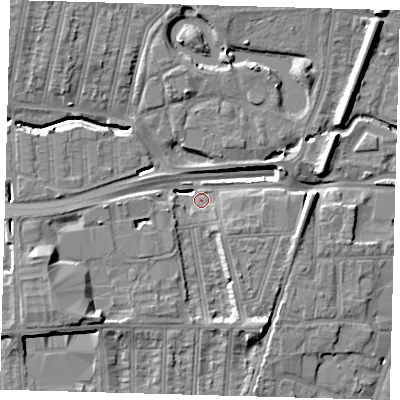 Shaded relief map of the ground around N181QU, computed from Environment Agency LiDAR. The ground here sits at about 14 m above sea level and falls 14 m across the surrounding 800 m. Surface water reaching this point runs off ground lying to the west-south-west, 9.4 m higher.
